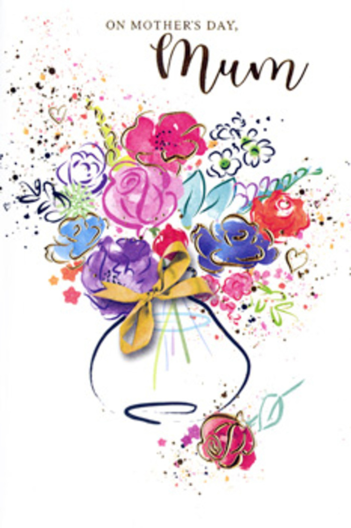 On this artistic Mother's Day card, a jubilant bouquet blooms across the page, painted in expressive watercolour strokes that evoke both emotion and movement. Loose flowers in hot pink, cerise, and plum sit beside softer apricot and blush tones, while pools of blue and indigo swirl through the arrangement like shadows cast in late afternoon light over Blackwall Basin. Each bloom is defined not by strict precision but by sweeping lines and washes of colour, giving the sense of a florist's quick sketch as they plan a hand-tied gift for a much-loved mum. Fine veins of gold outline selected petals and leaves, creating delicate highlights that mimic the gentle glint of ribbon or tissue paper in a flower box. Around the bouquet, tiny hearts, dots, and flicks of pigment tumble outward, suggesting falling petals or the joyful scatter of confetti after a celebration. The stems disappear into a simple vase, its rounded form brushed in soft, translucent shades and finished with a slim golden bow, like the final knot tied before flowers leave a Blackwall doorway for a Mother's Day visit. The composition feels both modern and warmly nostalgic, combining artistic freedom with carefully balanced colour. It reads as more than a card: a keepsake image of a bouquet that can't wilt, carrying gratitude, admiration, and the layered memories of family life along the riverfront streets and parks near Blackwall.