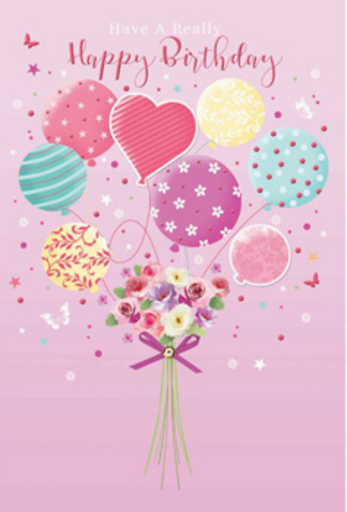Artistic birthday card scene where a floating tangle of pastel balloons and a petite bouquet create a feeling of gentle jubilation, reminiscent of a celebration in Blackwall's riverside apartments. The background is a soft, rosy pink wash, calming and modern, much like the interiors of contemporary homes overlooking the Thames. At the base of the image, a charming, hand-tied cluster of flowers takes centre stage, featuring petite roses and small, daisy-like blooms with petals shaded from creamy ivory through blush pink to a tender rose tone. Their texture suggests velvety softness and just-opened freshness, as though they were arranged moments ago by a careful florist not far from Blackwall station. From this bouquet, thin illustrated strings reach up to a constellation of balloons. The balloons vary in shape and design: round ones with tiny polka dots that seem to dance, others with flowing candy stripes, and some with delicate floral patterns in fuchsia, lavender, sea green, and light lemon yellow. One slightly larger balloon at the centre draws the eye, adding balance to the whole display. A shimmering purple bow secures the stems, its satin loops catching imaginary highlights, making it look almost touchable. Around the arrangement, small stars and the suggestion of butterflies flutter through the air, giving the impression of a garden party held high above the Docklands skyline. The mood is quietly joyful and affectionate, a perfect way to send a birthday greeting that feels both playful and thoughtfully designed for someone celebrating in or around Blackwall.
