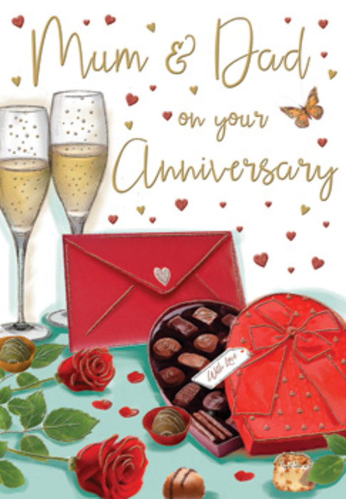 The anniversary card illustrated here feels like a lovingly arranged table in a Blackwall home, moments before a heartfelt Mum & Dad toast. At the back of the scene, two tall champagne flutes stand close together, their clear glass catching soft reflections of light. The liquid inside is a warm golden shade, threaded with tiny, rising bubbles that suggest quiet excitement and celebration. Just in front of the glasses sits a heart-shaped box of chocolates, its red casing rich and inviting, topped with an elaborate scarlet bow whose satin loops curl and catch gentle highlights. The lid is partially open, revealing neatly arranged chocolates, each piece smooth and glossy, like little secrets waiting to be shared. Beside the box, two vivid red roses lie on the tabletop, their petals full, layered, and velvety, edged by lush, dark green foliage-exactly the kind of fresh roses a local florist would select for a special anniversary delivery across Blackwall. A few chocolates are scattered casually nearby, and tiny hearts in shades of crimson and gleaming gold drift around the composition, adding a whimsical, romantic energy. At the front, a bright red envelope, sealed and angled slightly to one side, suggests a handwritten note, perhaps filled with memories and thanks for years of love and guidance. The background glows warmly, like evening lamplight in a flat overlooking the Thames or the quiet backstreets near Blackwall station, wrapping everything in a sense of intimacy. The whole card speaks of shared milestones, gentle affection, and the simple joy of marking an anniversary with roses, champagne, and thoughtful words at the heart of family life.