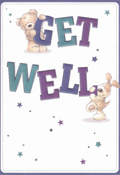 This delightful get well card is designed with the local spirit of Blackwall in mind-a scene where a loving teddy bear and a playful puppy come together, surrounded by whimsical starbursts that celebrate small joys and hopeful moments. The bear, with its plush fur, clings sweetly to the top of the word 'GET,' conveying a sense of steadfast support, while the cheery pup cozies against the robust 'WELL,' their faces alive with expressive empathy and friendship. The lettering pops in shades of deep purple and teal, playfully echoing the evening hues over Canary Wharf and the riverside. Soft, rounded shapes dominate the illustration, their tactile qualities nearly tangible, infusing the card with nurturing warmth one might find in a freshly wrapped bouquet from Blackwall Florist. Against the pristine, white background reminiscent of a new page or a peaceful dawn, the scattered stars glimmer-a subtle reminder that even small gestures can spark hope. Every element comes together as if thoughtfully arranged by a local florist: composed with intention, crafted to comfort, and intimately tied to Blackwall's inviting community atmosphere. This is a card that brings not just a message but a sense of healing and heartfelt care, as if it carried the fragrance of a comforting bouquet delivered on a gentle afternoon.