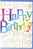 The birthday card in the image radiates the same upbeat energy you might feel stepping into a busy Blackwall Florist studio just before a celebration. Centred on the front is the phrase Happy Birthday, spelled out in large, friendly letters that march boldly across the card like a colourful banner. Each letter carries its own lively shade-crimson, coral, apricot, bright lemon, crisp green, ocean blue, and velvety violet-blending gently where they meet so the words form a smooth, rainbow-like wave of colour. The finish on the lettering looks sleek and slightly reflective, catching the light in a way that makes the colours appear even more saturated and cheerful, like party balloons clustered around a birthday table. Behind this main text, the entire background is alive with the repeated words Happy Birthday to you danced out in neat, flowing gold script. The cursive lines curl gracefully, and a veil of fine glitter in the ink gives each stroke a delicate sparkle, similar to the way evening sun flickers on the Thames near Blackwall. The repeated script runs in even rows, creating a soft pattern that supports rather than competes with the bold central message. Subtle shifts in light and shadow make the design feel layered, almost like vellum stationery laid over a golden handwritten note. The overall impression is of a card that is both playful and refined, perfect for marking a birthday in Blackwall with something that feels as joyful and considered as a carefully chosen bouquet delivered right on time.