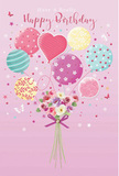 Whimsical illustrated birthday design showing a bouquet of pastel balloons and flowers that looks as though it could have been sketched in a cosy Blackwall florist studio. The entire scene sits on a soft pink background, gently glowing like a calm sunset over the Thames. At the bottom, a compact hand-tied bouquet forms the heart of the composition, filled with delicate roses and anemone-like blooms in creamy ivory, blush pink, and muted mauve. The flowers appear lush and softly ruffled, as if freshly arranged in a shop just off the riverside walk. Their stems gather neatly into a bunch, cinched by a violet satin bow that glints with fine highlights, suggesting a silky, smooth texture. From this base, fine strings stretch upward to carry a cheerful cluster of balloons, each with its own personality: some wear swirling candy-coloured stripes, others are dressed in playfully scattered polka dots, and a central heart-shaped balloon radiates affection in rosy tones. The palette runs through sea green, lavender, warm yellow, and gentle pinks, echoing the pastel charm seen in modern apartments across Blackwall and nearby Canary Wharf. Tiny stars and faint butterfly shapes are scattered around the balloons, adding a storybook feeling, as if wishes are drifting into the sky. The overall impression is airy, sweet, and celebratory, ideal for a birthday card meant to brighten someone's day in Blackwall with a light, imaginative touch of flowers and floating colour.