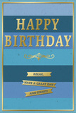 In this scene, a tastefully designed birthday card takes center stage, offering a composed mix of soothing blues and refined gold that feels perfectly at home in a quiet Blackwall living room. The background consists of wide horizontal bands of blue, each stripe shifting subtly in tone-from deep navy and dusk blue through to cooler teal and soft sky-creating a calm gradient effect, like watching the sky deepen over the river at dusk. Across the middle, the words HAPPY BIRTHDAY are embossed in prominent gold capitals, their metallic sheen catching every hint of light and giving the card an immediate sense of occasion without feeling loud. Beneath this central greeting, a delicate golden flourish is positioned like a decorative underline, reminiscent of classic stationery and old-fashioned pen flourishes. Just below, three neat gold banners run horizontally in a tidy stack, each ribbon carrying part of a gentle wish: Relax, have a great day and enjoy! The golden elements appear slightly raised against the velvety, matte blue surface, inviting the fingertips as much as the eyes. A fine gold border traces the outer edge of the card, framing the entire design with a sense of completion and care. You might imagine this card placed next to a fresh birthday bouquet on a sideboard, the blues echoing the cool tones of the Thames and the gold glinting like city lights. The overall effect is one of quiet celebration-warm, thoughtful, and designed to encourage the recipient to pause, breathe, and truly enjoy their special day.