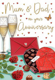 This anniversary card illustration creates a rich, romantic vignette that feels perfectly suited to a cosy family celebration in Blackwall. The focus rests on two slender champagne flutes poised side by side, filled with pale golden fizz that sparkles with tiny suspended bubbles, as if caught just before an affectionate clink. In front, a luxurious heart-shaped chocolate box sits open, its deep red lid tipped back to reveal a careful grid of dark and milk chocolates. A lush red bow lies across the lid, its satin ribbon folds soft and generous, echoing the indulgence of the sweets within. To one side, two intensely red roses rest gently on the table, their velvety petals layered and full, framed by glossy green leaves that bring the freshness of a florist's bouquet into the scene. A few scattered chocolates and a playful trail of small crimson and gold hearts drift across the card, adding movement and a sense of overflowing love. At the forefront, a scarlet envelope, closed and cleanly edged, hints at a handwritten anniversary message dedicated to Mum & Dad, perhaps filled with gratitude and shared stories. The background glows in warm tones, speckled with soft heart motifs, like gentle evening light washing over a dining table in a Blackwall riverside apartment. Without any words printed on the image itself, the composition evokes long-lasting devotion: the comfort of familiar rituals, the quiet joy of thoughtful gifts, and the heartfelt celebration of parents whose love has shaped a family and watched the area change over time.